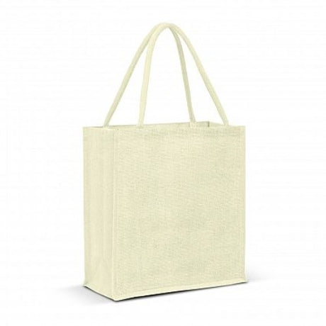 Set of 6 white jute tote bags with padded handles, spacious design, eco-friendly, perfect for shopping and outings.