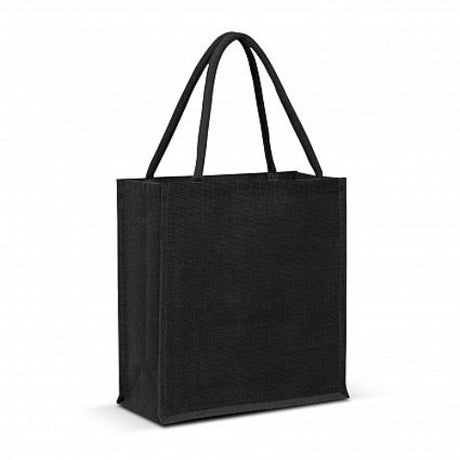 Set of 6 black jute tote bags with padded cotton handles, spacious gusset, and eco-friendly design for versatile use.