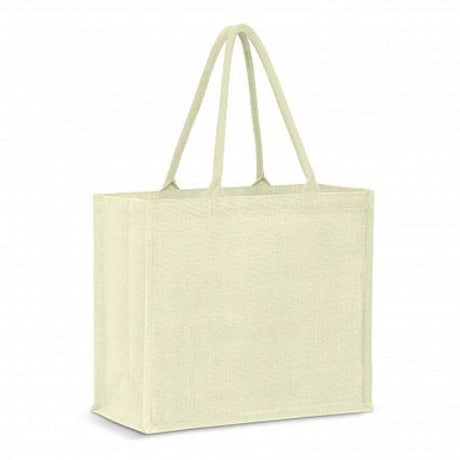 Set of 6 white Modena jute tote bags, eco-friendly, extra large, with padded cotton handles for stylish shopping convenience.