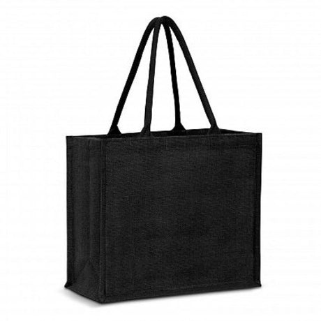 Set of 6 black Modena Jute Tote Bags with padded handles, spacious and eco-friendly for versatile daily use.