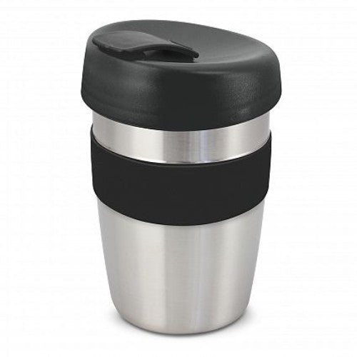 Set of 6 black silicone band coffee cups with double wall design, splash-proof lids, and eco-friendly materials.