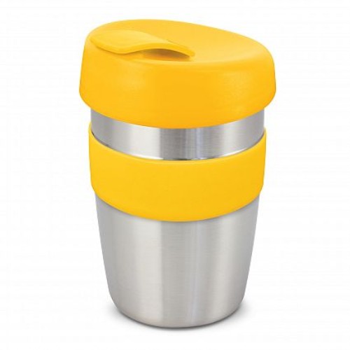 Set of 6 yellow silicone band reusable coffee cups with a secure lid, designed for eco-conscious coffee lovers.