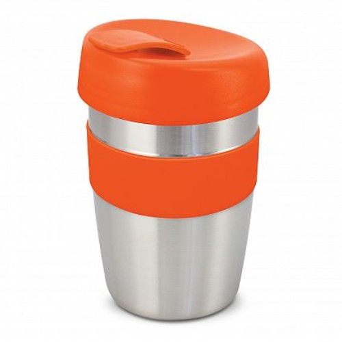 Set of 6 orange silicone band reusable coffee cups with double-wall, heat-resistant grip, and splash-proof lids.