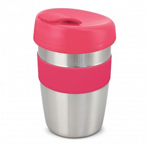 Set of 6 pink reusable coffee cups with silicone bands, double-wall insulation, and secure splash-proof lids.