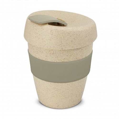 Set of 12 grey eco-friendly reusable coffee cups made from rice husk and polypropylene, featuring silicone band and secure lid.