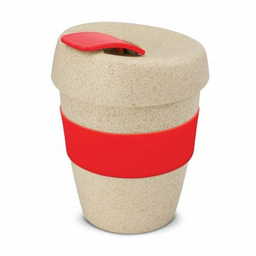 Eco-friendly red reusable coffee cups made from rice husk, featuring a silicone band and splash-proof lid, set of 12.