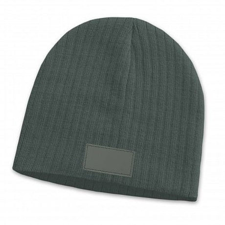 Set of 6 dark grey Nebraska cable knit beanies with trendy patches, perfect for warmth and style in colder seasons.