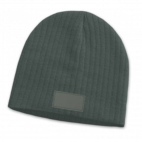 Set of 6 dark grey Nebraska cable knit beanies with trendy patches, perfect for warmth and style in colder seasons.