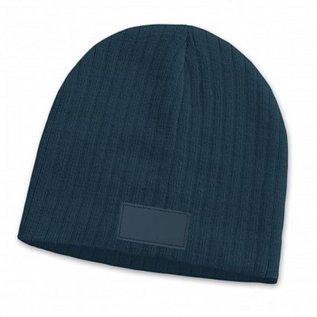 Navy cable knit beanie set of 6 with trendy patch, crafted from soft acrylic for warmth and comfort in winter.