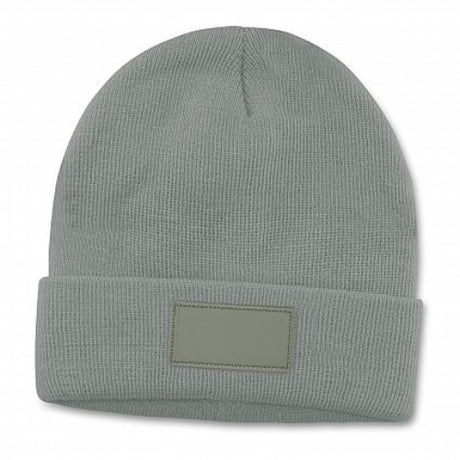 Set of 6 light grey Everest beanies with roll-up cuffs and matching leather look patches for warmth and style.