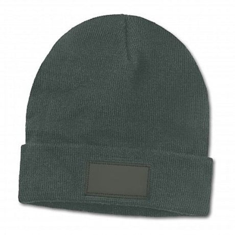 Set of 6 dark grey knitted beanies with a roll-up cuff and trendy leather look patches, perfect for winter warmth and style.