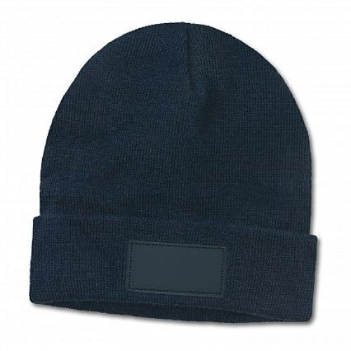 Set of 6 navy knitted beanies with roll-up cuffs and stylish leather-look patches, perfect for winter wear.