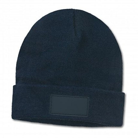 Set of 6 navy knitted beanies with roll-up cuffs and stylish leather-look patches, perfect for winter wear.