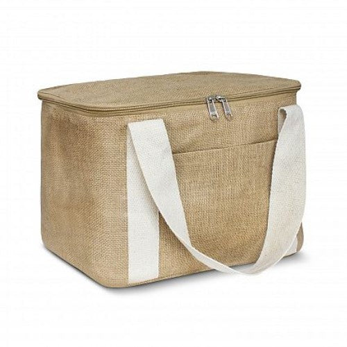 Asana Cooler Bag in natural jute with 13L capacity, PE foam insulation, and zip closure for outdoor adventures.