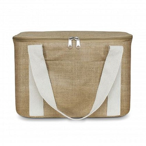 Stylish medium-sized Asana Cooler Bag in natural jute, features 13L capacity, PE foam insulation, and waterproof inner liner.