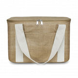 Stylish medium-sized Asana Cooler Bag in natural jute, features 13L capacity, PE foam insulation, and waterproof inner liner.