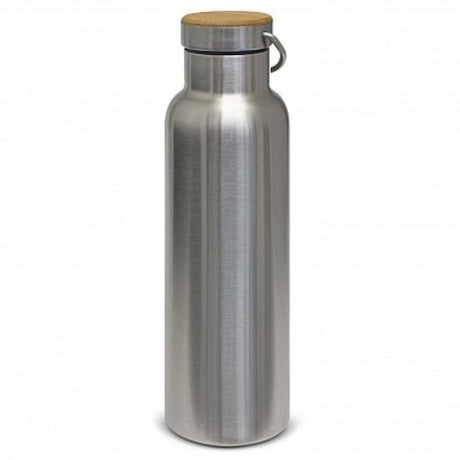 Sleek stainless steel vacuum bottle in silver, holds 650ml, keeps drinks cold for 24hrs or hot for 12hrs, with bamboo veneer.