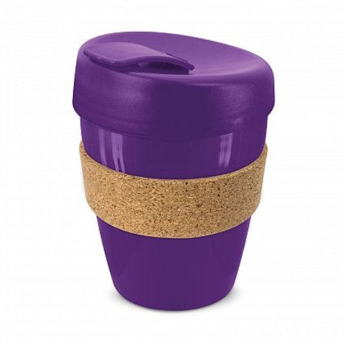 Express Cup Deluxe: Set of 6 purple reusable coffee cups with cork bands, secure lids, and splash-proof design.