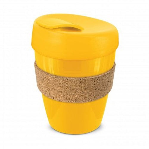 Vibrant yellow set of 6 reusable coffee cups with cork bands and secure lids, designed for eco-friendly sipping.
