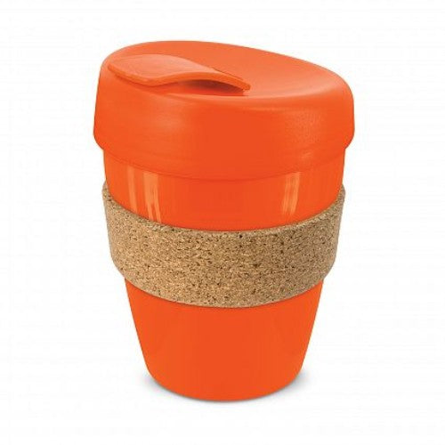 Set of 6 orange reusable coffee cups with cork bands, secure lids, and eco-friendly materials for stylish sipping.