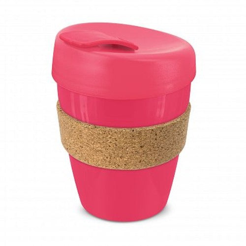 Pink reusable coffee cup set of 6 with heat-resistant cork bands, secure lids, and eco-friendly design.
