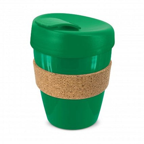Set of 6 dark green reusable coffee cups with cork bands, BPA-free, shatterproof, and ideal for eco-friendly sipping.