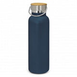 Navy powder-coated vacuum bottle, 650ml, insulated, durable, keeps drinks cold for 24h, hot for 12h, with stylish lid and handle.