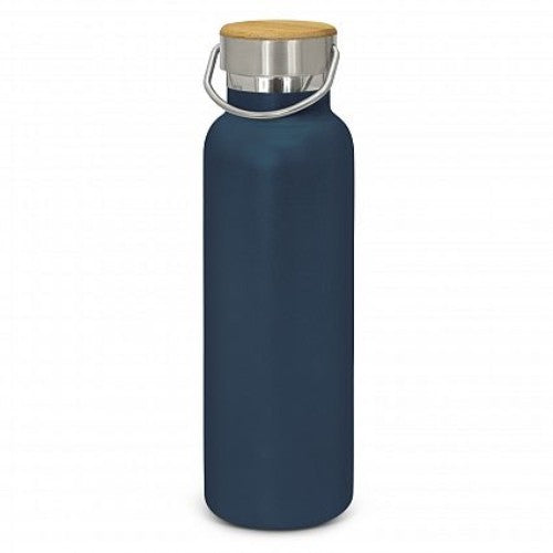 Navy powder-coated vacuum bottle, 650ml, insulated, durable, keeps drinks cold for 24h, hot for 12h, with stylish lid and handle.