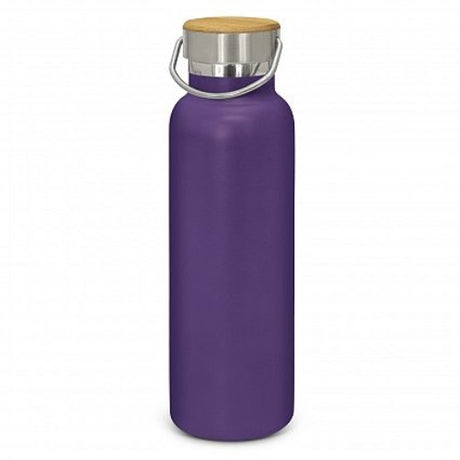 Purple powder-coated Nomad Deco vacuum bottle with stainless steel, 650ml capacity, and bamboo veneer for stylish hydration.