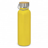 Yellow powder-coated stainless steel vacuum bottle, 650ml, keeps drinks cold for 24 hours or hot for 12, featuring a bamboo handle.