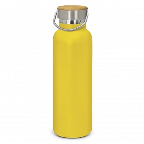 Yellow powder-coated stainless steel vacuum bottle, 650ml, keeps drinks cold for 24 hours or hot for 12, featuring a bamboo handle.