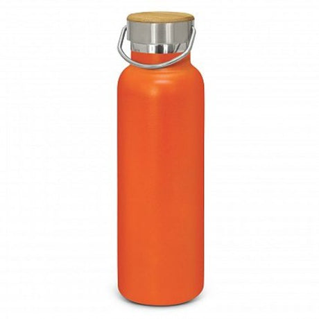 Vibrant orange Nomad Deco Vacuum Bottle, 650ml, double wall insulated, with bamboo lid and stainless steel handle.
