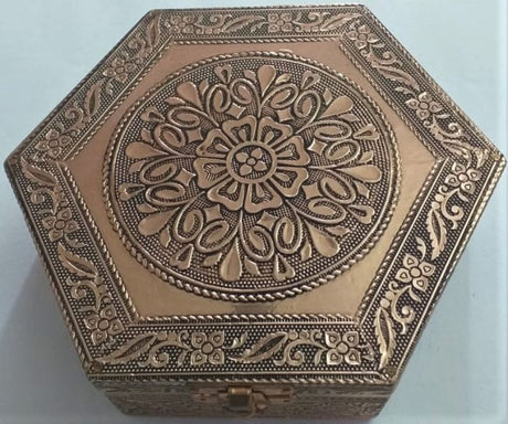 Hexagonal jewellery box with floral motifs, handcrafted in Rajasthan, perfect for elegant storage of jewelry and trinkets.