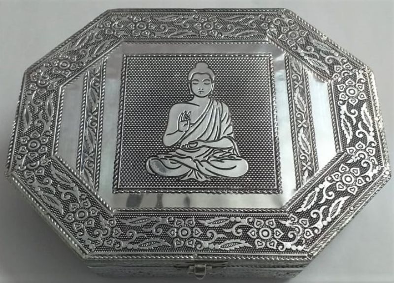 Handmade silver jewellery box featuring a serene Buddha motif, perfect for elegant storage and decorative display.