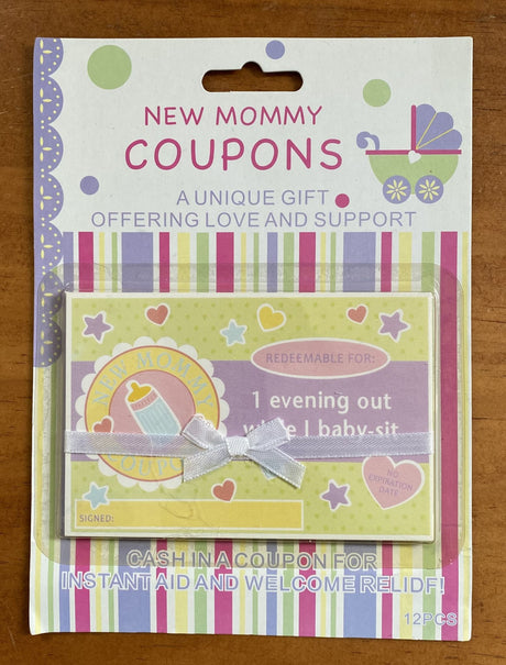 "Colorful coupon booklet offering practical support and relaxation for new mothers celebrating baby showers."