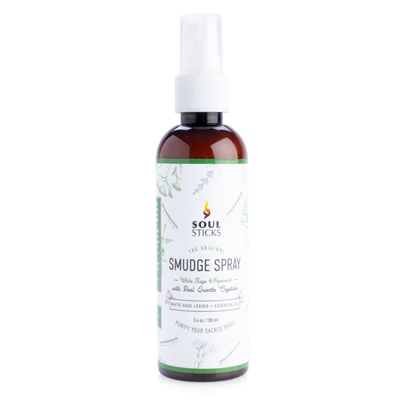 Smudge Spray bottle featuring white sage and peppermint, infused with quartz crystals for space purification and tranquility.
