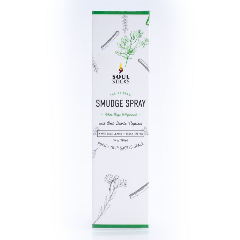 Smudge Spray featuring white sage and peppermint, infused with quartz crystals for a refreshing, smoke-free cleanse.