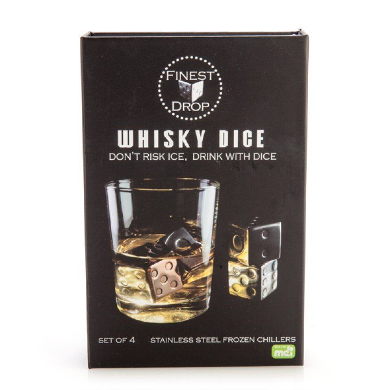 Set of 4 dice-shaped whisky stones in a velvet bag, designed to chill drinks without dilution, perfect for any beverage.