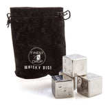 Elegant stainless steel whisky dice stones set of 4, chilling drinks without dilution, stylish velvet bag included.