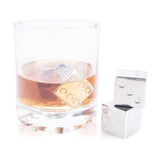 Set of 4 stainless steel whisky dice stones in a velvet bag, designed to chill drinks without dilution.