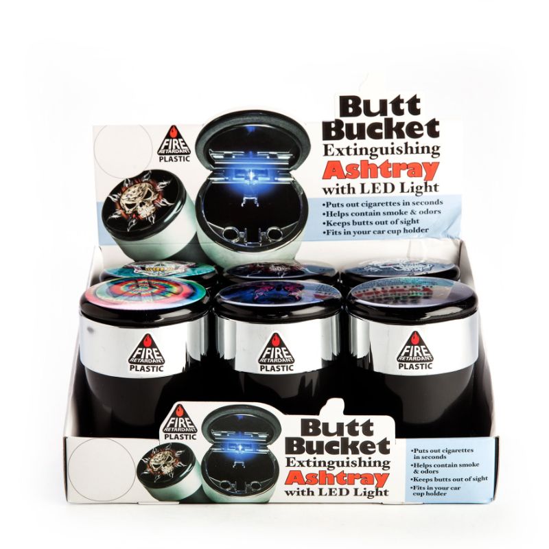 Colorful set of 6 Butt Bucket ashtrays featuring extinguishing design for safe, clean cigarette disposal outdoors.