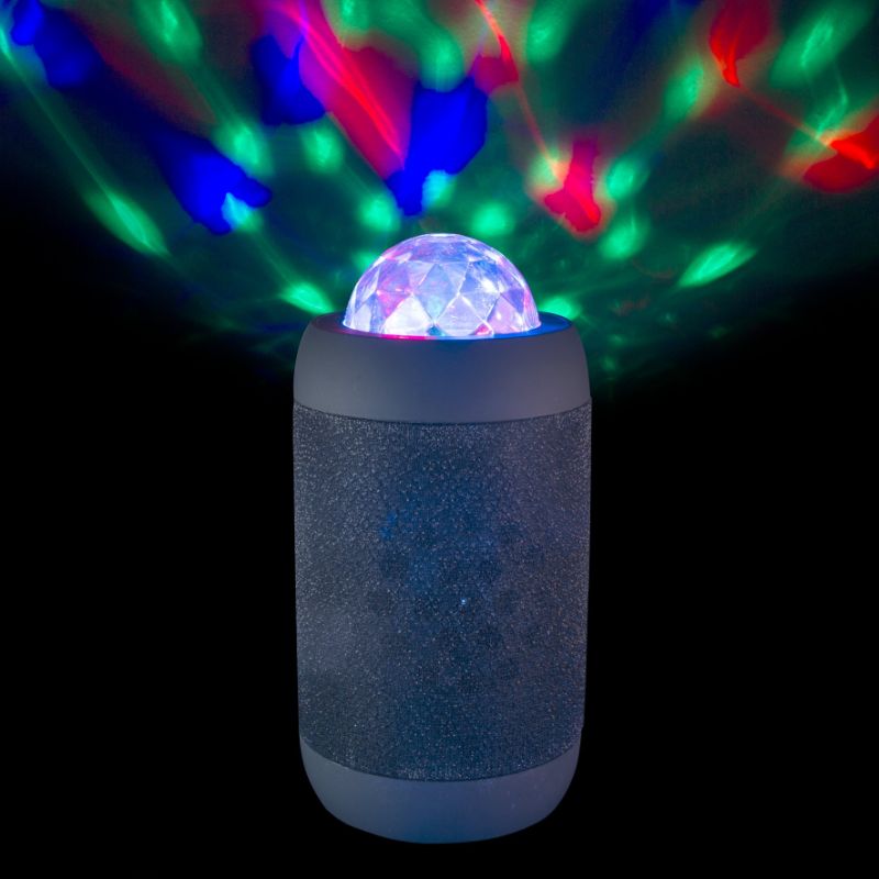 Wireless speaker shaped like a black disco ball, projecting colorful lights with powerful Bluetooth audio for parties.