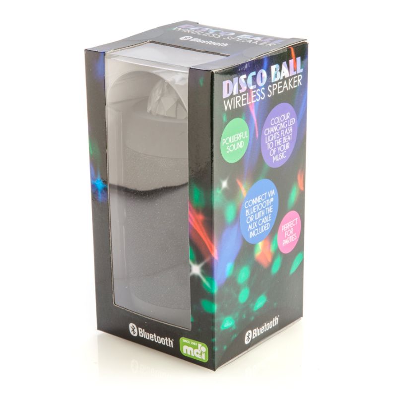 Wireless Speaker in black with a disco ball design; projects colorful lights and offers powerful Bluetooth audio.