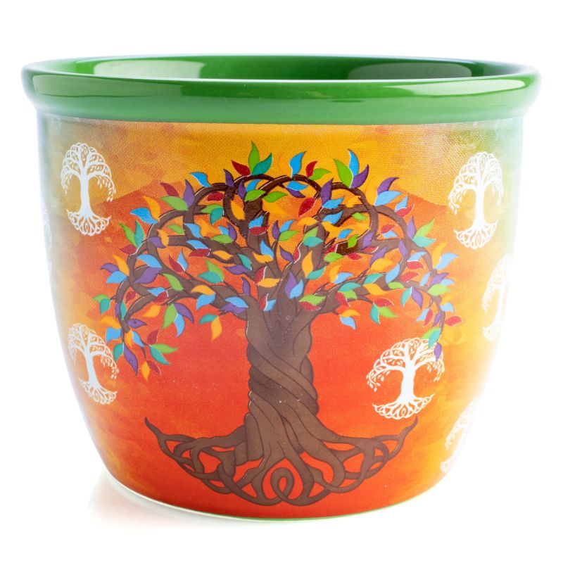 Ceramic smudge bowl with vibrant tree of life design, measuring 12.5cm, for safe sage burning and catching ashes.