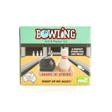 Retro salt and pepper set shaped like a bowling ball and pin, complete with a bowling alley-themed display tray.