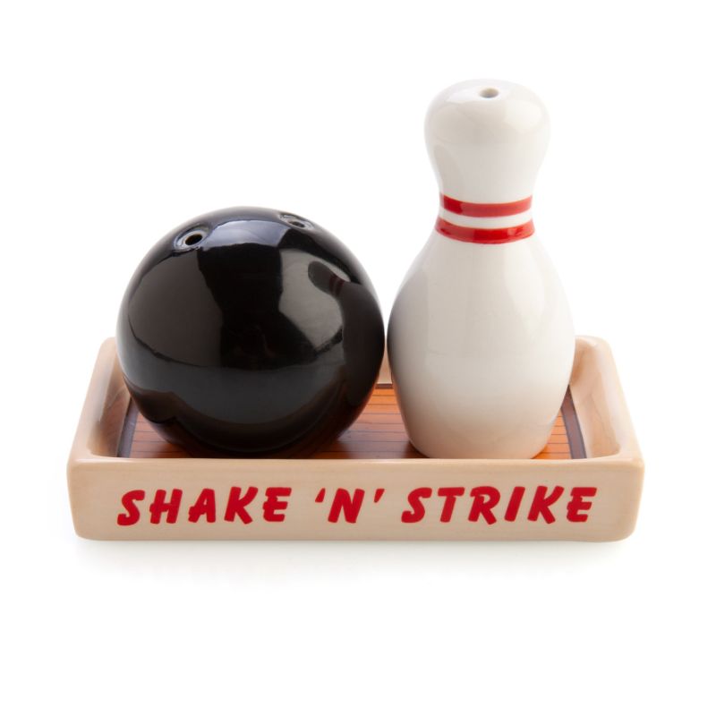 Retro bowling-themed salt and pepper set featuring a ball and pin design on a unique display tray, measuring 11cm.