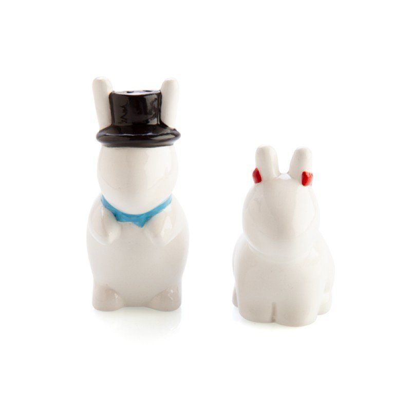 Cheeky ceramic salt and pepper shakers shaped like bunnies, featuring a top-hatted male and a bow-eared female.