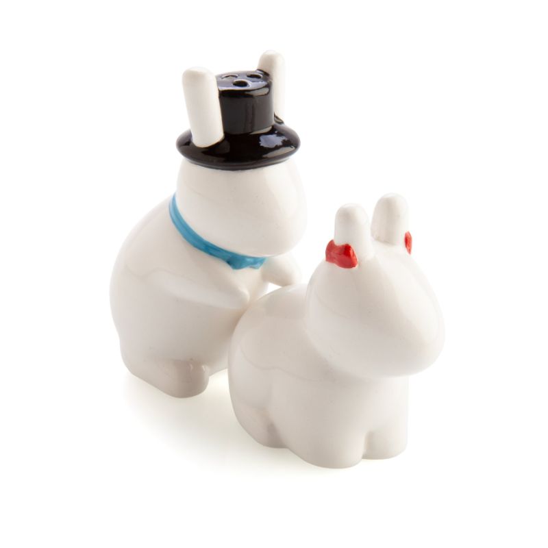 Cheeky bunny salt and pepper shakers in playful poses, one in a top hat, adding whimsy to your dining experience.