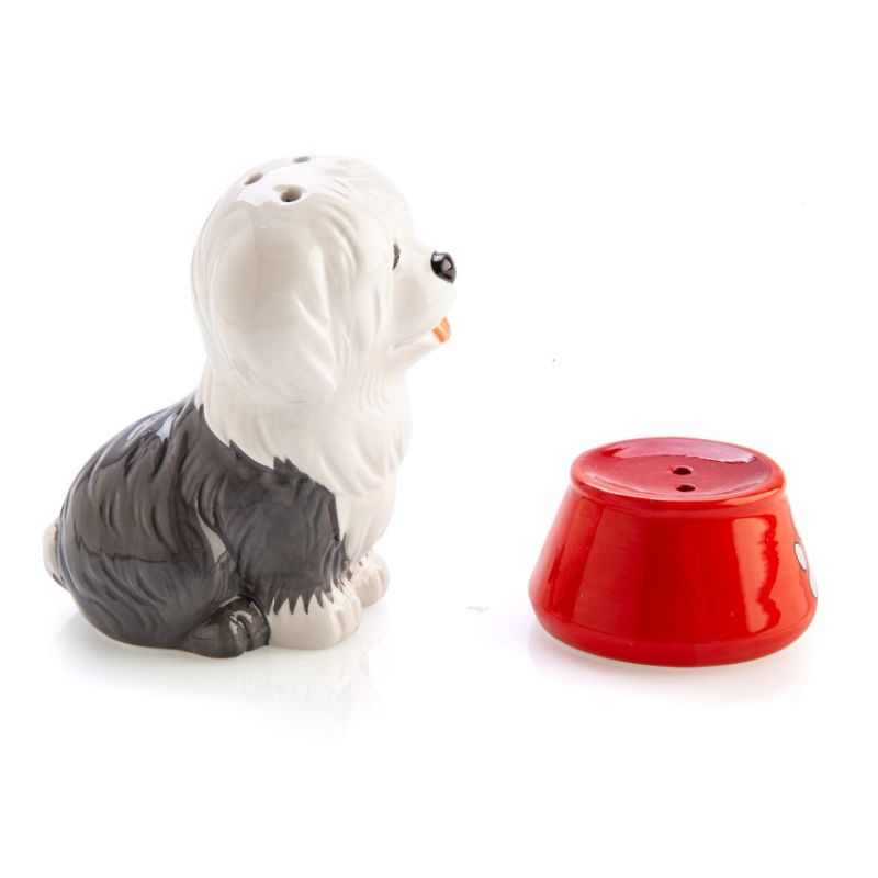 Charming salt and pepper set with Old English Sheepdog and red bowl, perfect for dog lovers and collectors. Hand wash only.