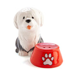 Salt and pepper set featuring an Old English Sheepdog and red bowl, perfect for dog lovers and collectors.